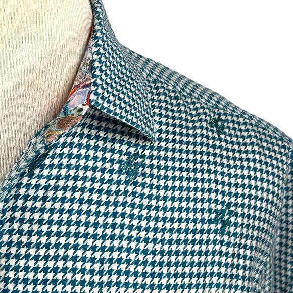 Robert Graham Shirt Men's Medium Blue Houndstooth UK England London Flip Cuff - Picture 3 of 11